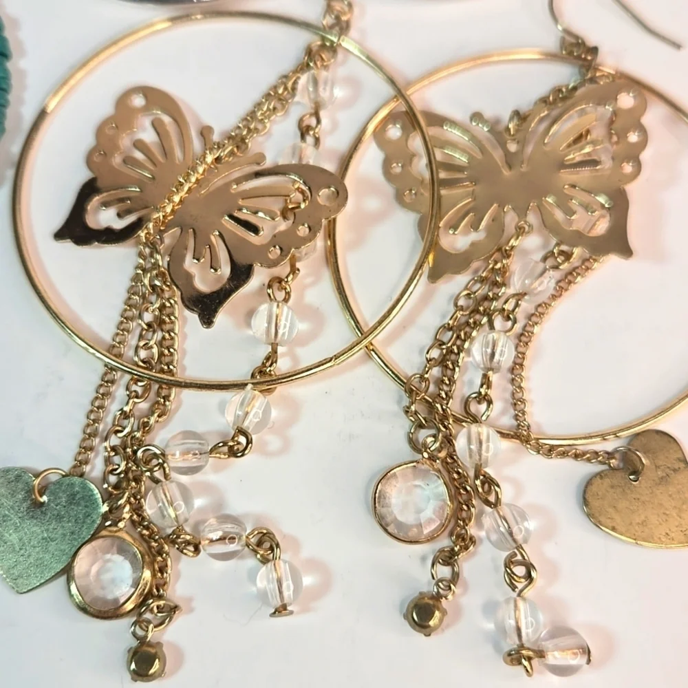 3 Sets Boho Lge Hoop Earrings Elegant Gold Silver MOP Hearts Butterfly Crystals